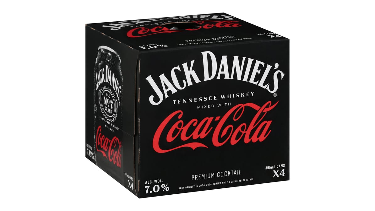 Jack Daniels Old No 7 Coca Cola Tennessee Whiskey Cocktail Cans 355ml 4 ct Jack Daniels Old No 7 Coca Cola Tennessee Whiskey Cocktail Cans 355ml 4 ct