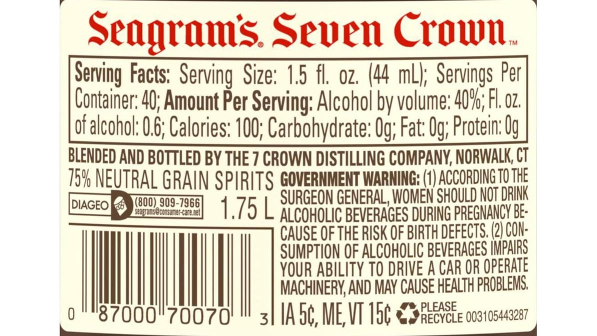 Seagrams 7 Crown 80 Proof American Blended Whiskey Bottle 1 75 L1