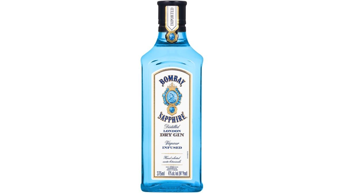 bombay sapphire 94 proof distilled london dry gin bottle  375 ml